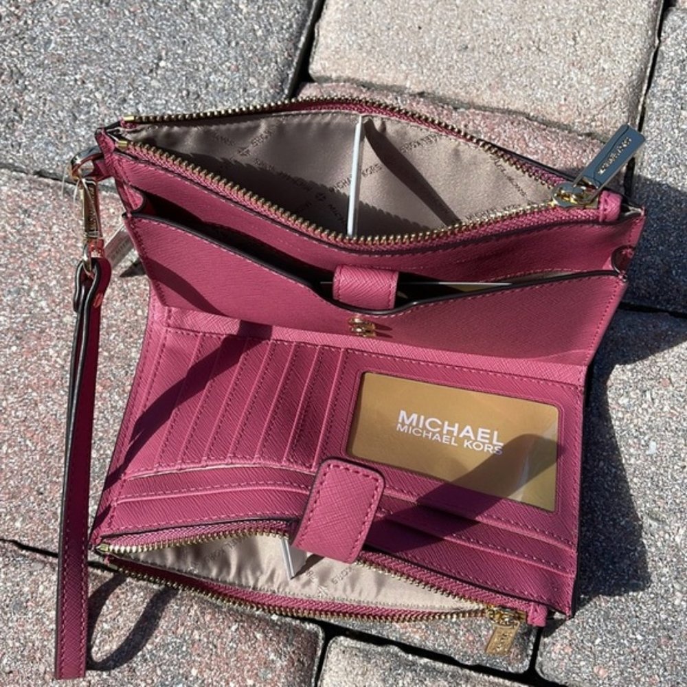 Michael Kors Jet Set Travel Large Double Zip Wristlet Wallet Rosewood Leather - Picture 12 of 16